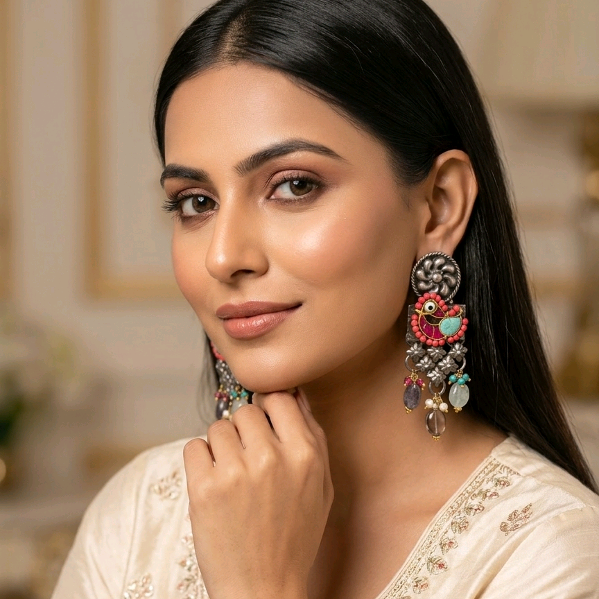 Gharana Myna Silver Danglers